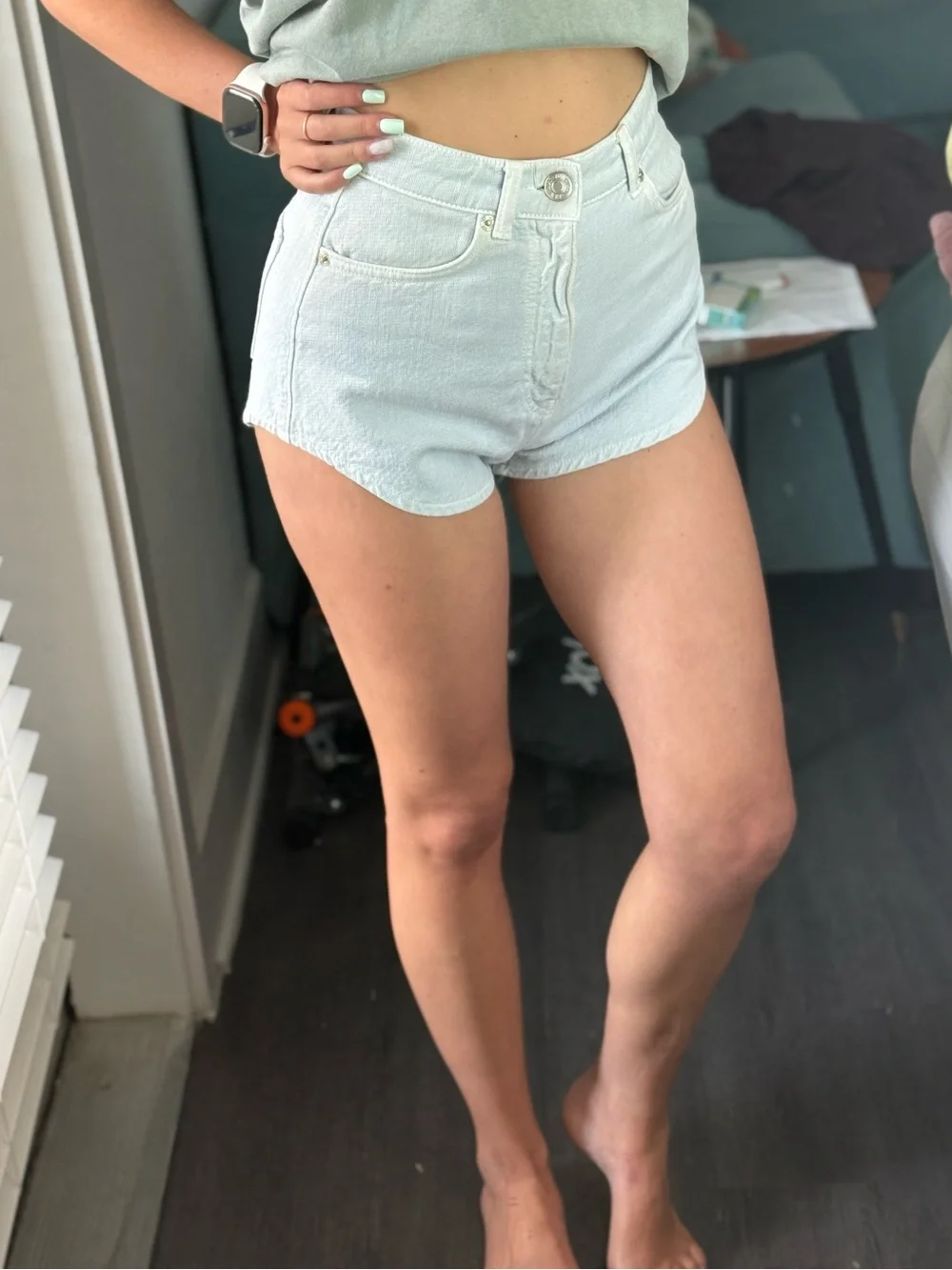 Zara High-Waist Mint Denim Shorts ultra short